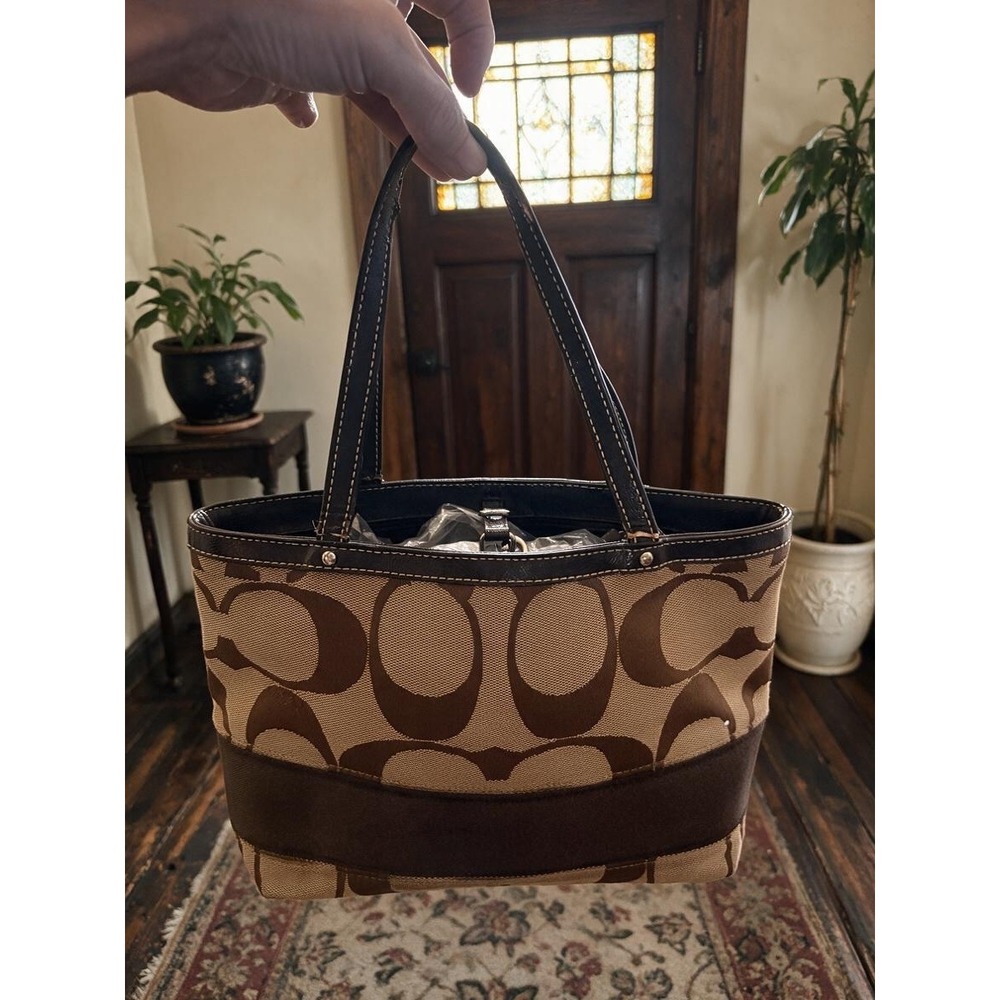 Coach Signature Stripe Tote F47750 Khaki Brown 2012 Top Handle Bag